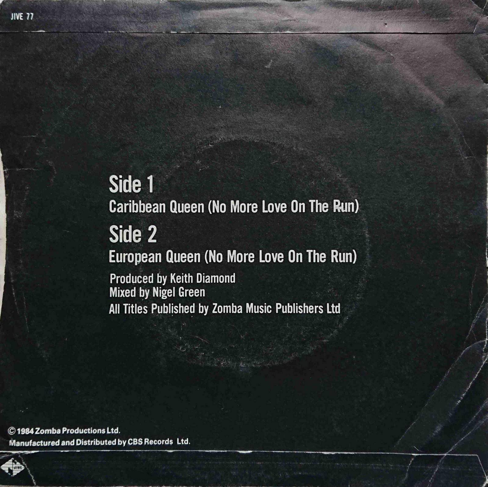 JIVE 77 Caribbean Queen (No more love on the run) Billy Ocean  Back cover of JIVE 77